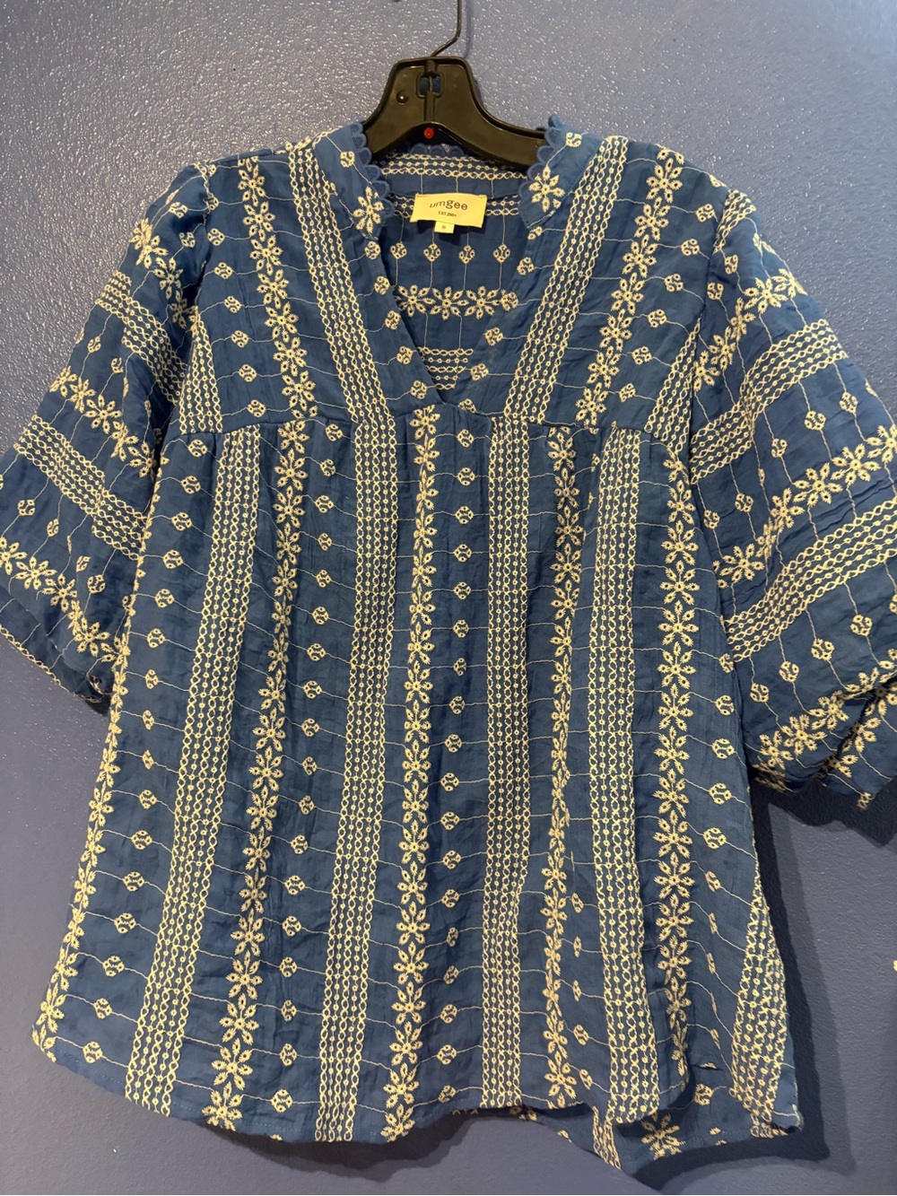 Umgee Blue Embroidered V-Neck Tunic with Cream Floral Trim